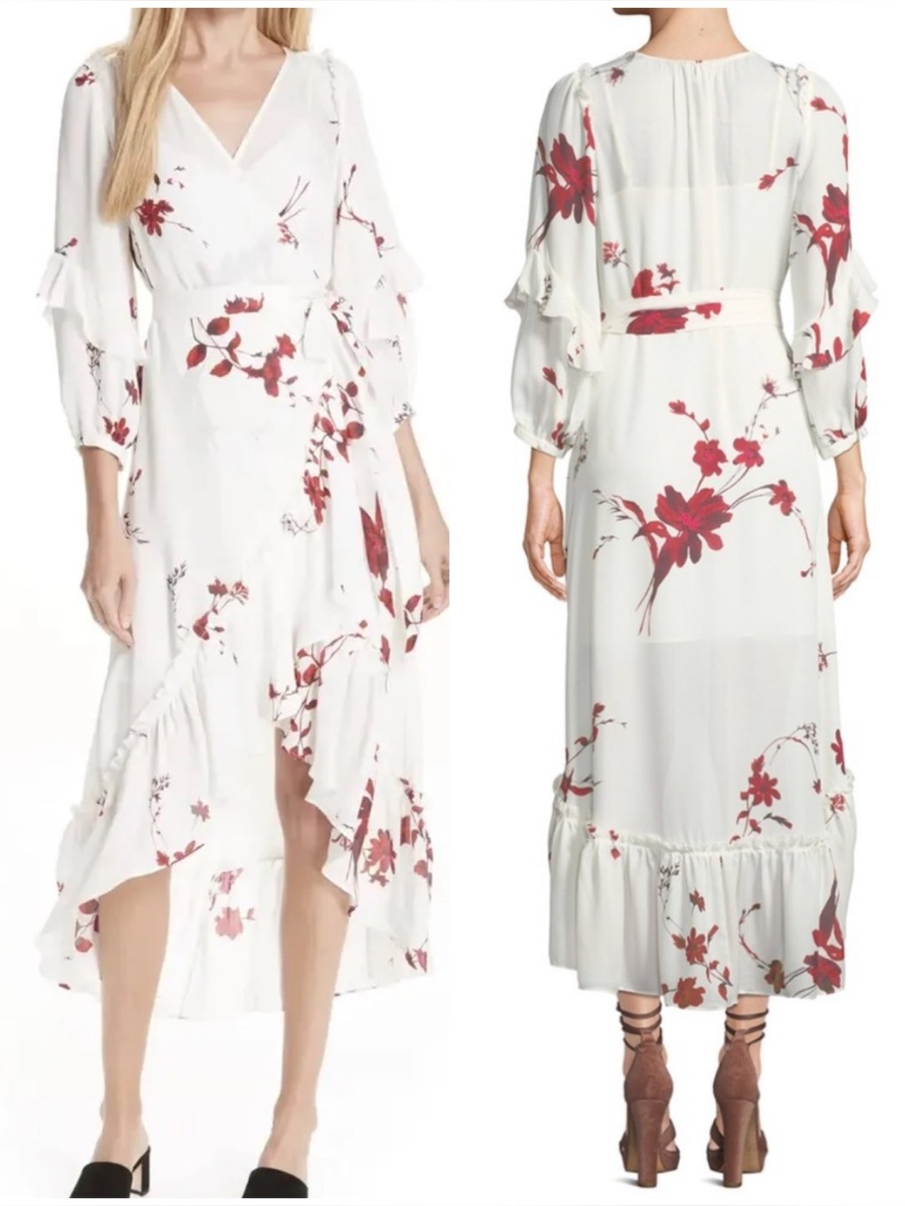 JOIE Women's Anawrette Floral Ruffle High-Low Wrap Silk Dress In Porcelain XXS